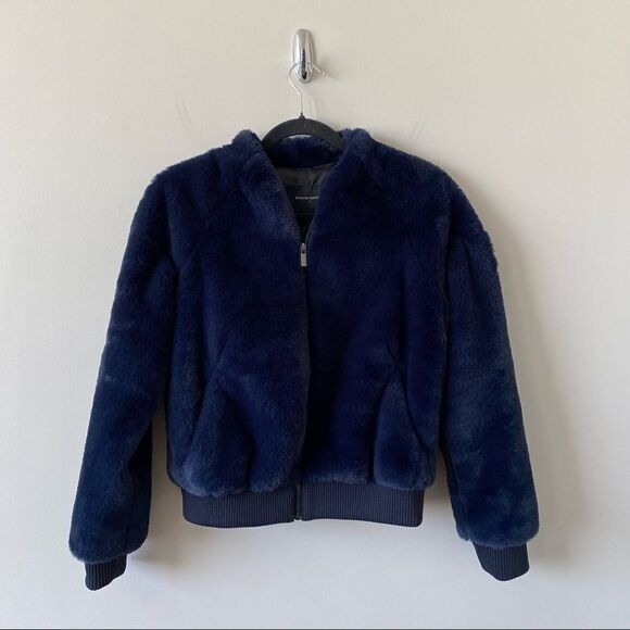 Nwot-Banana Republic Navy Faux Fur Bomber Jacket (Size:Xs) - Picture 2 of 10